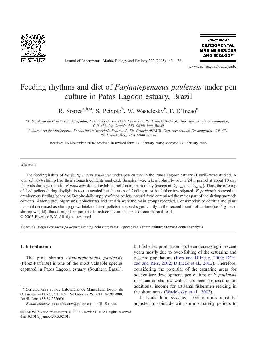 Feeding rhythms and diet of Farfantepenaeus paulensis under pen culture in Patos Lagoon estuary, Brazil