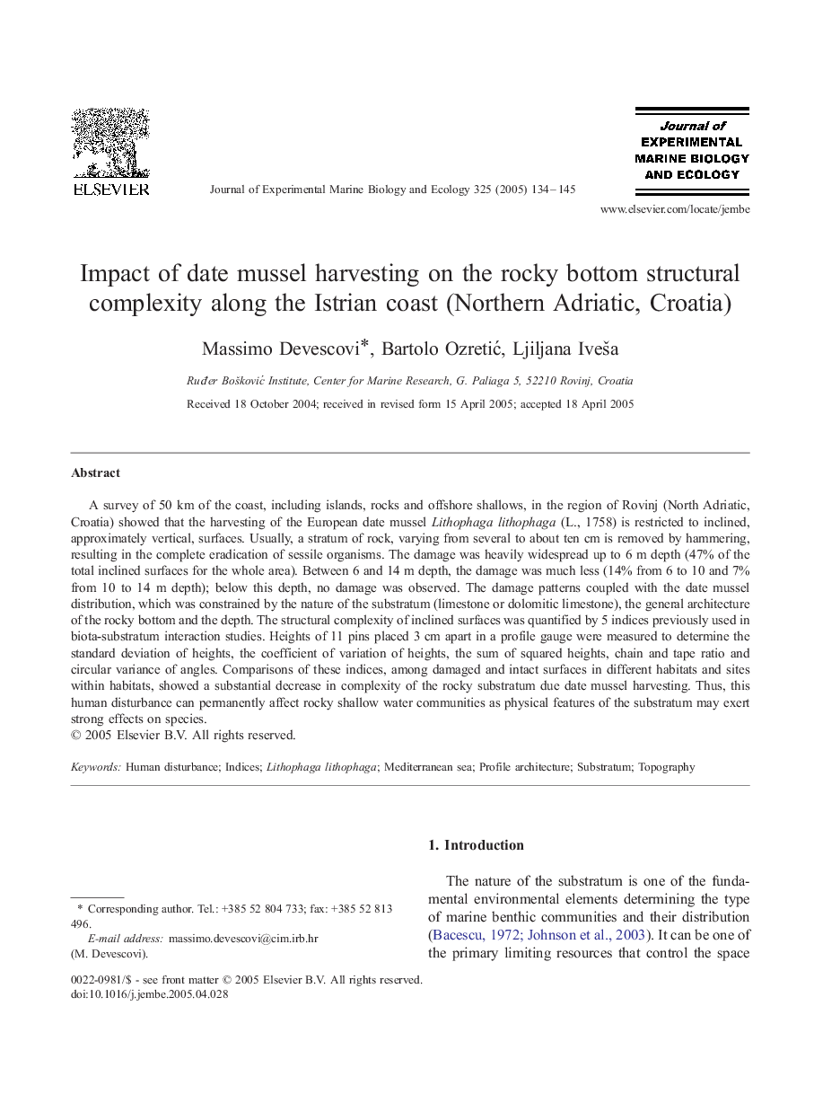 Impact of date mussel harvesting on the rocky bottom structural complexity along the Istrian coast (Northern Adriatic, Croatia)