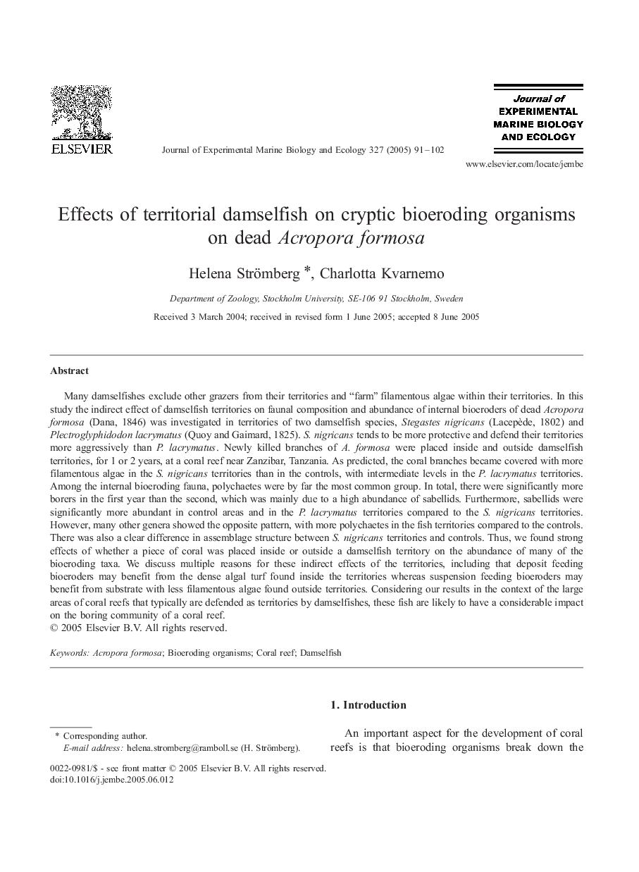 Effects of territorial damselfish on cryptic bioeroding organisms on dead Acropora formosa