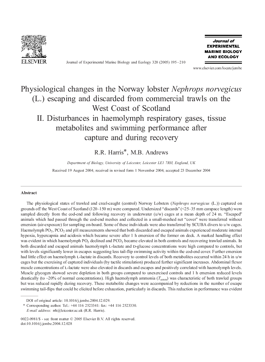 Physiological changes in the Norway lobster Nephrops norvegicus (L.) escaping and discarded from commercial trawls on the West Coast of Scotland