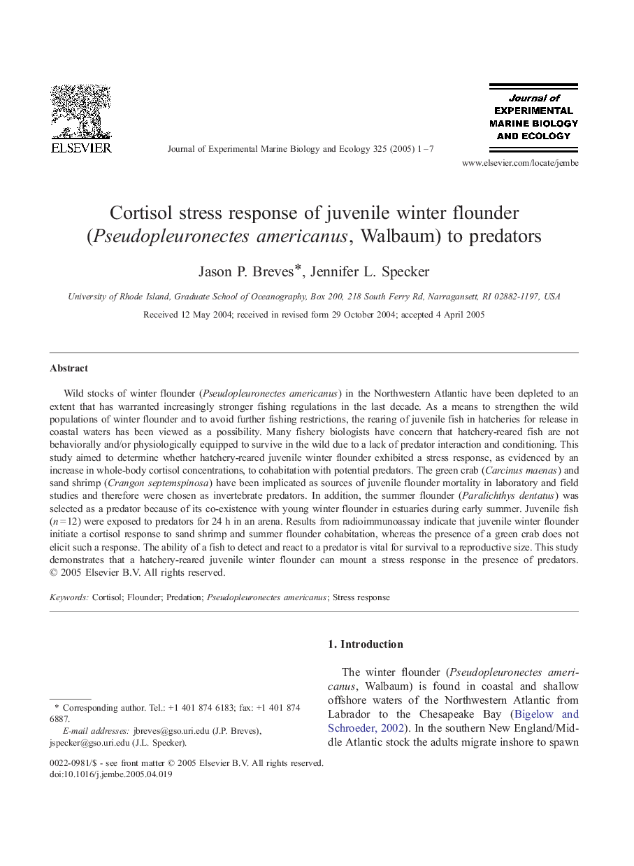 Cortisol stress response of juvenile winter flounder (Pseudopleuronectes americanus, Walbaum) to predators