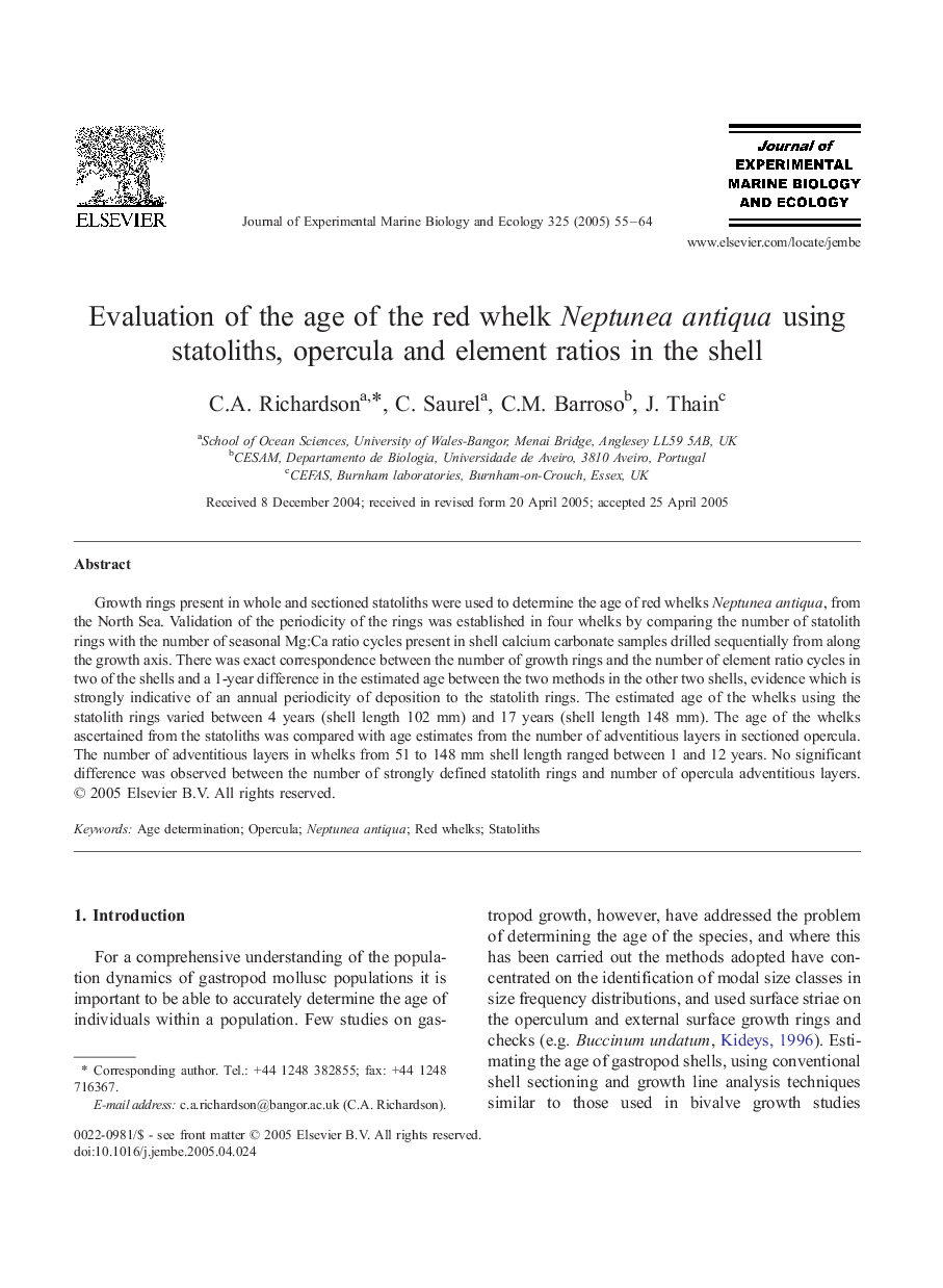 Evaluation of the age of the red whelk Neptunea antiqua using statoliths, opercula and element ratios in the shell