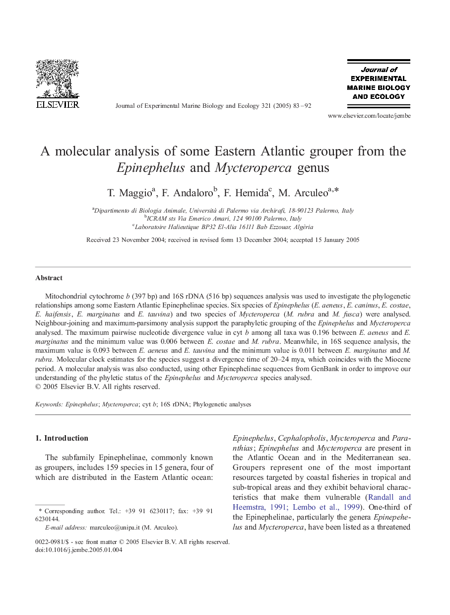 A molecular analysis of some Eastern Atlantic grouper from the Epinephelus and Mycteroperca genus