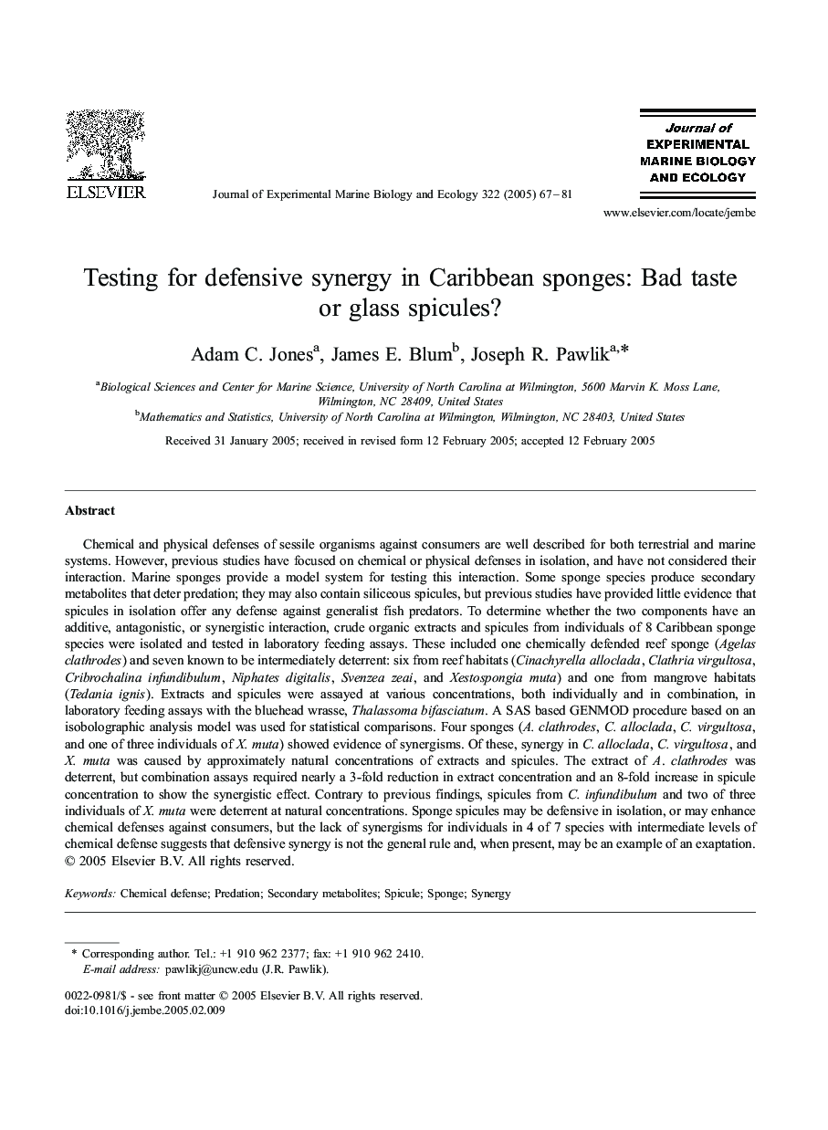 Testing for defensive synergy in Caribbean sponges: Bad taste or glass spicules?