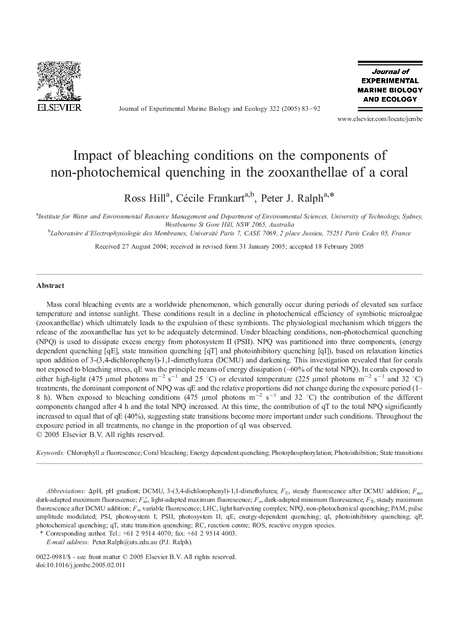 Impact of bleaching conditions on the components of non-photochemical quenching in the zooxanthellae of a coral