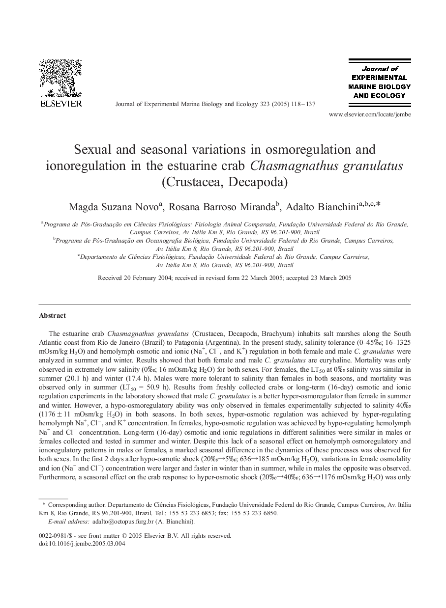 Sexual and seasonal variations in osmoregulation and ionoregulation in the estuarine crab Chasmagnathus granulatus (Crustacea, Decapoda)