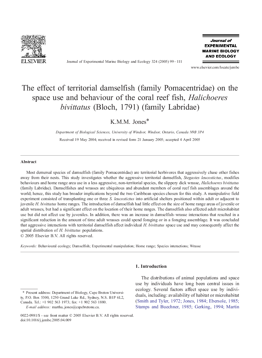 The effect of territorial damselfish (family Pomacentridae) on the space use and behaviour of the coral reef fish, Halichoeres bivittatus (Bloch, 1791) (family Labridae)