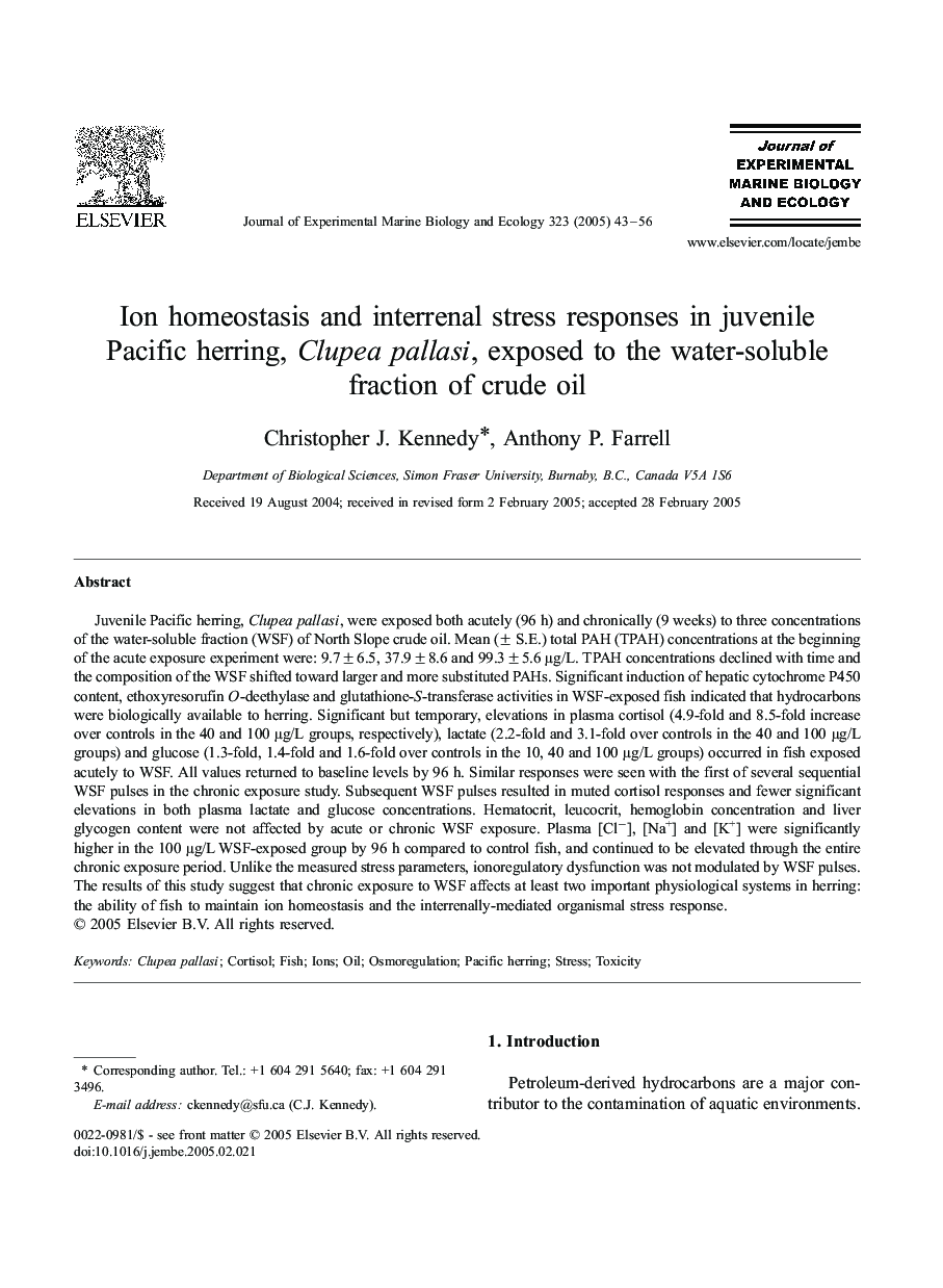 Ion homeostasis and interrenal stress responses in juvenile Pacific herring, Clupea pallasi, exposed to the water-soluble fraction of crude oil