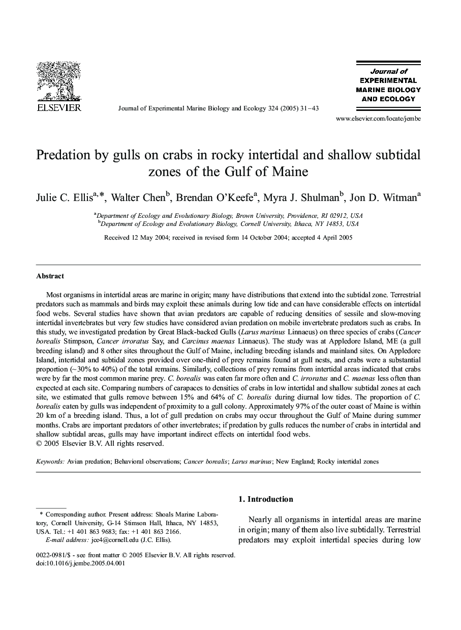 Predation by gulls on crabs in rocky intertidal and shallow subtidal zones of the Gulf of Maine