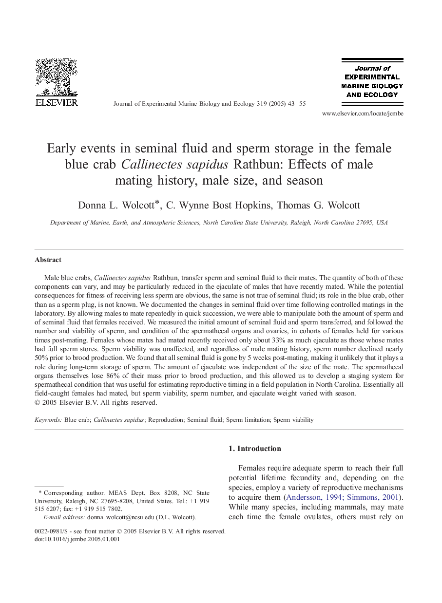 Early events in seminal fluid and sperm storage in the female blue crab Callinectes sapidus Rathbun: Effects of male mating history, male size, and season