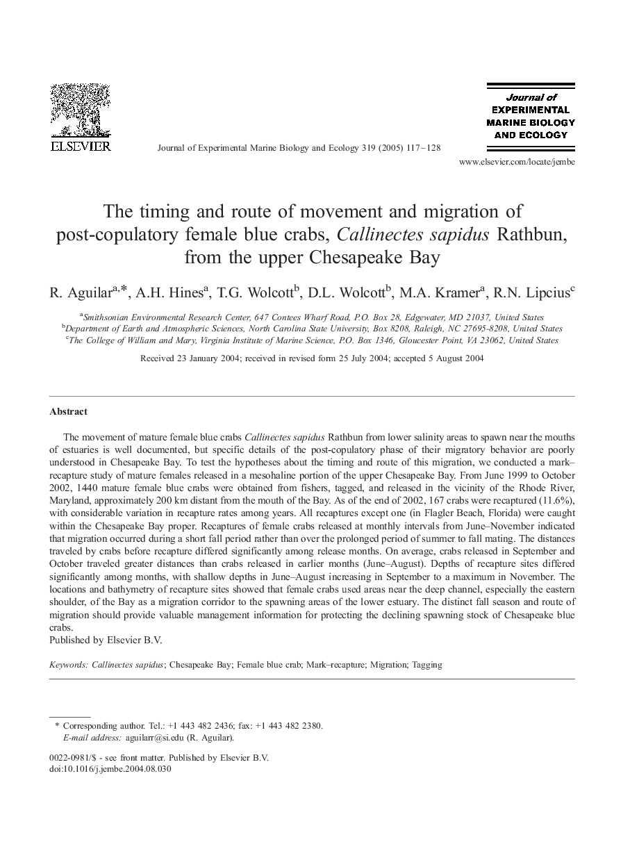 The timing and route of movement and migration of post-copulatory female blue crabs, Callinectes sapidus Rathbun, from the upper Chesapeake Bay