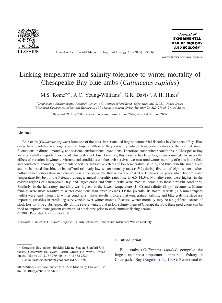 Linking temperature and salinity tolerance to winter mortality of Chesapeake Bay blue crabs (Callinectes sapidus)