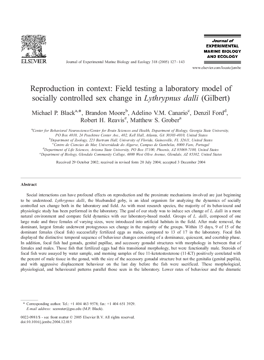 Reproduction in context: Field testing a laboratory model of socially controlled sex change in Lythrypnus dalli (Gilbert)