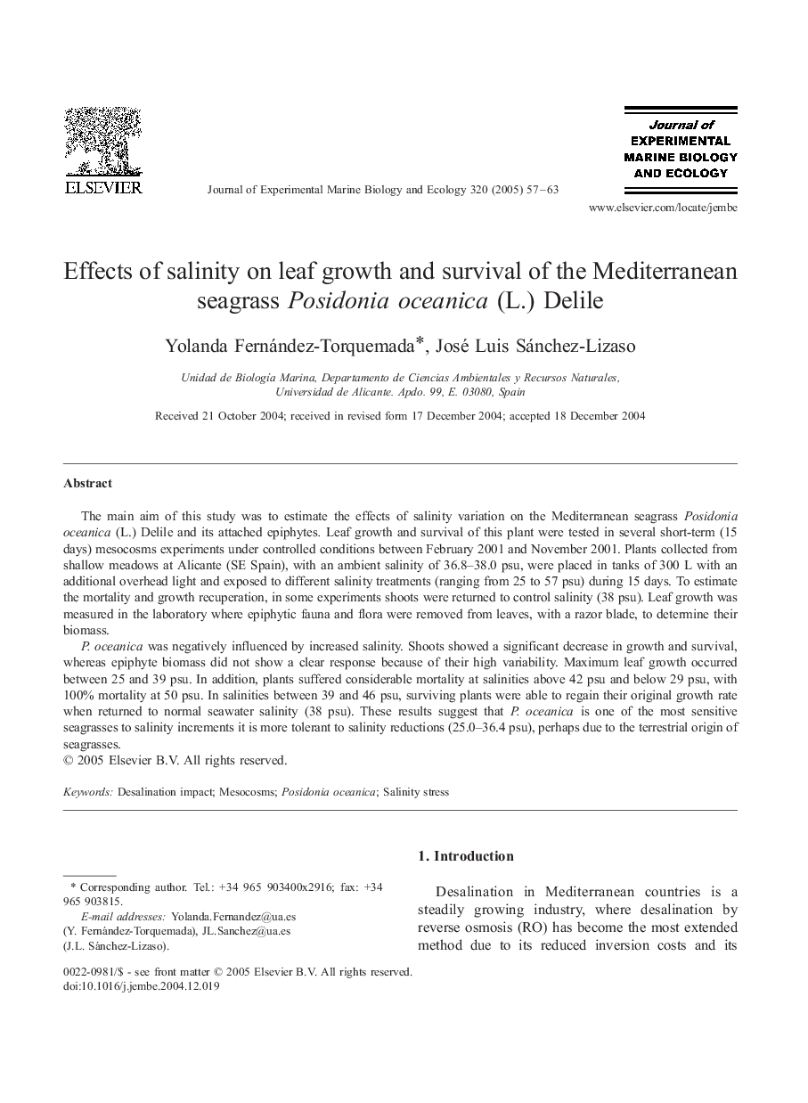 Effects of salinity on leaf growth and survival of the Mediterranean seagrass Posidonia oceanica (L.) Delile