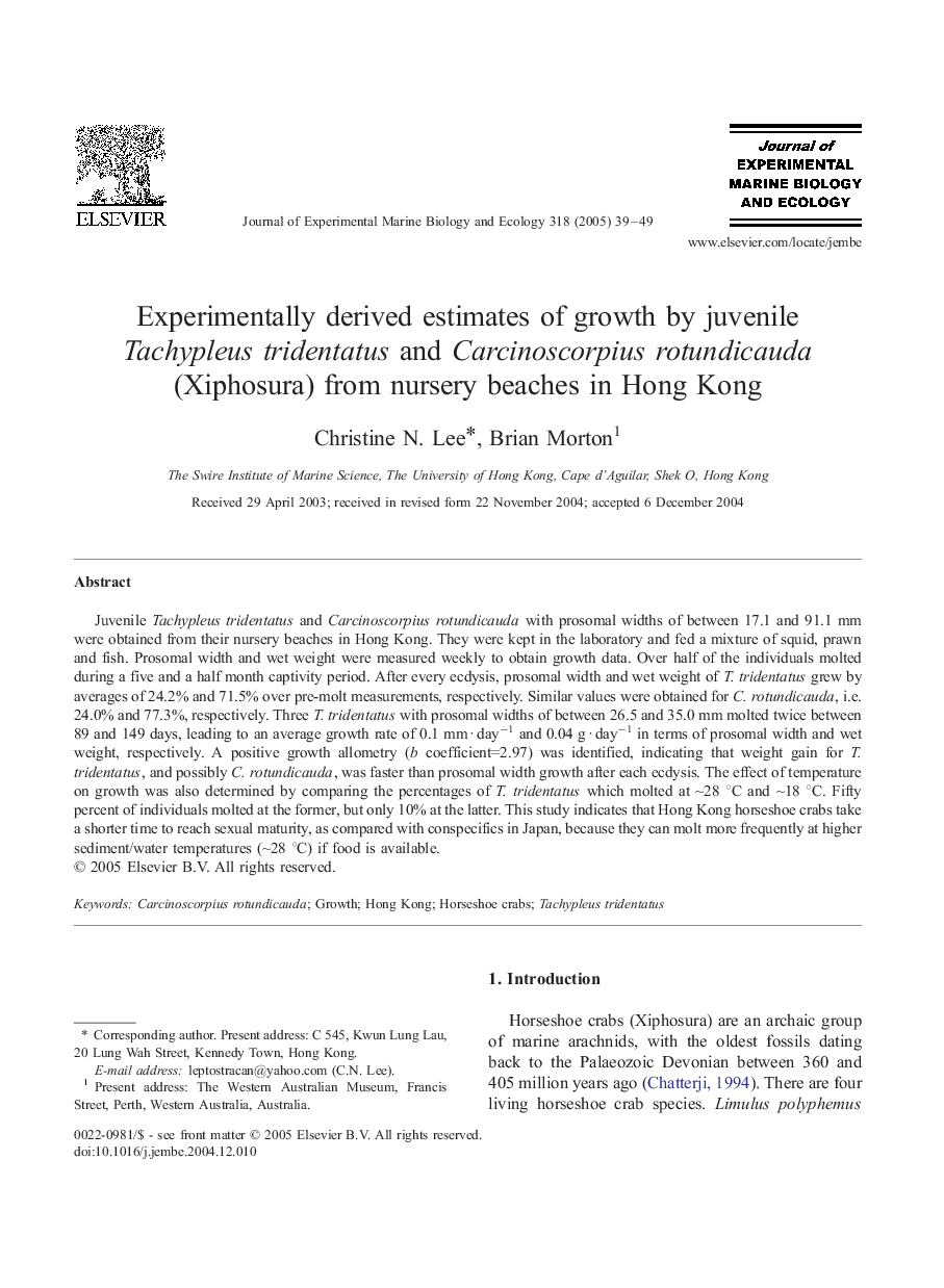 Experimentally derived estimates of growth by juvenile Tachypleus tridentatus and Carcinoscorpius rotundicauda (Xiphosura) from nursery beaches in Hong Kong