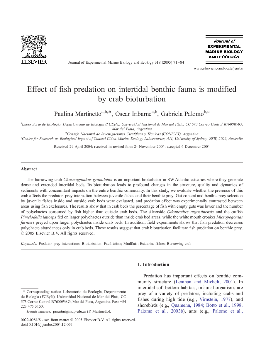 Effect of fish predation on intertidal benthic fauna is modified by crab bioturbation