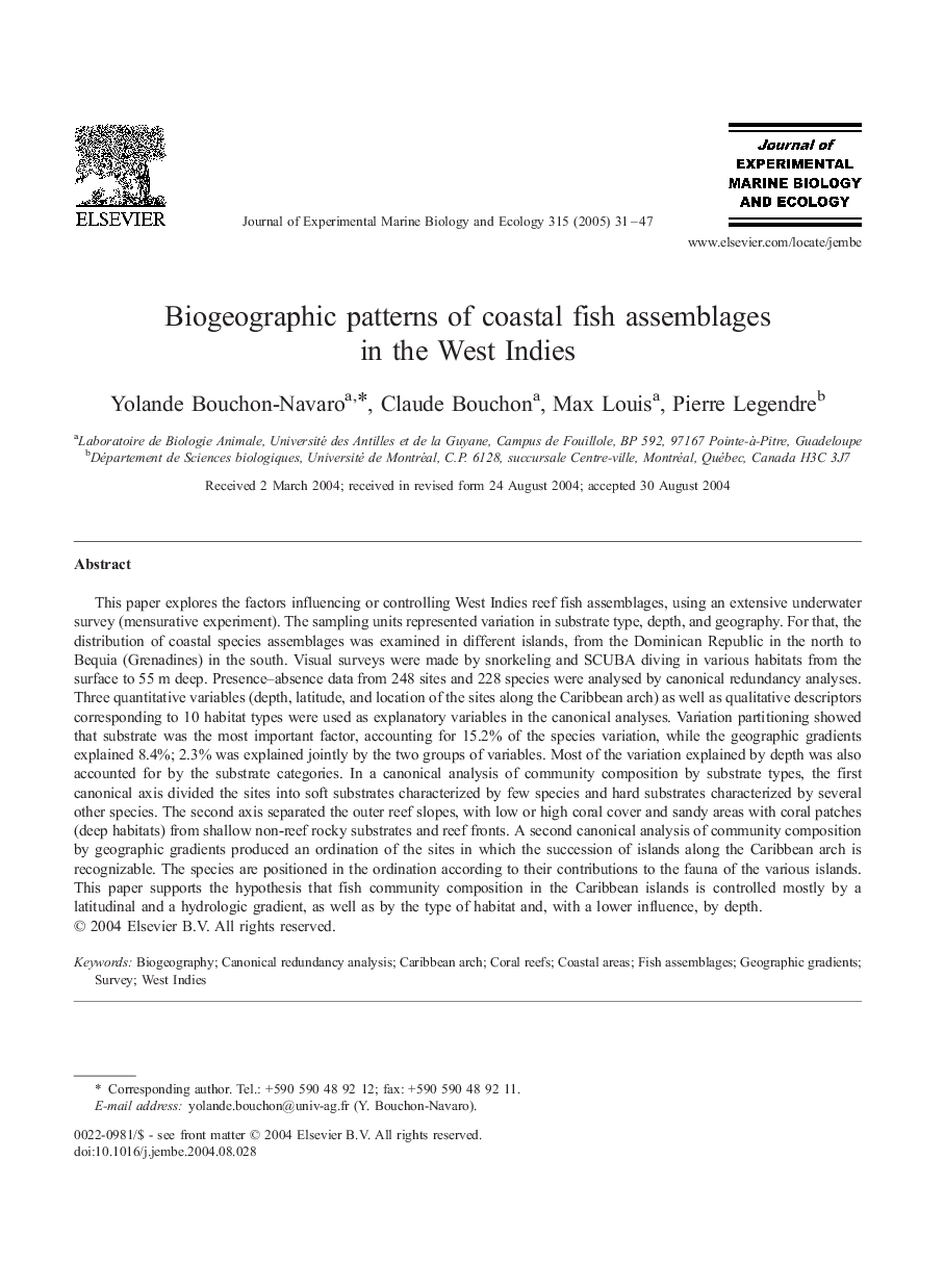 Biogeographic patterns of coastal fish assemblages in the West Indies