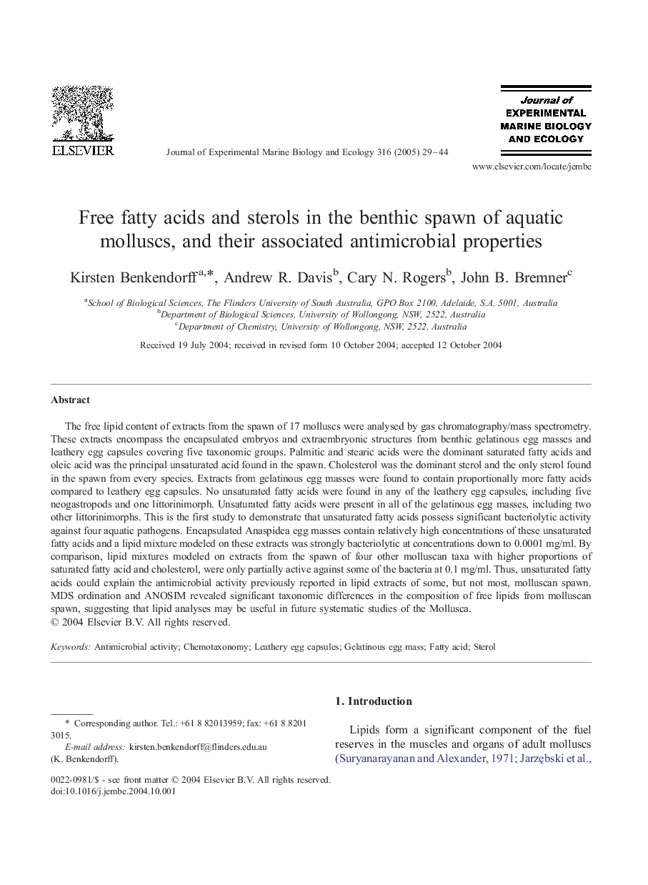 Free fatty acids and sterols in the benthic spawn of aquatic molluscs, and their associated antimicrobial properties