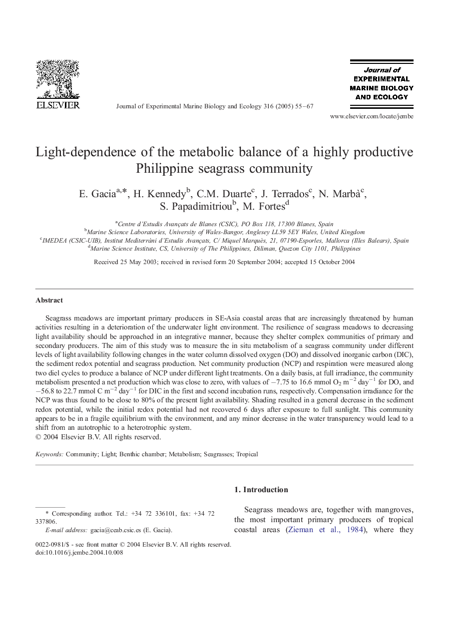 Light-dependence of the metabolic balance of a highly productive Philippine seagrass community