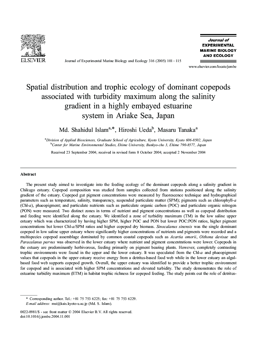 Spatial distribution and trophic ecology of dominant copepods associated with turbidity maximum along the salinity gradient in a highly embayed estuarine system in Ariake Sea, Japan