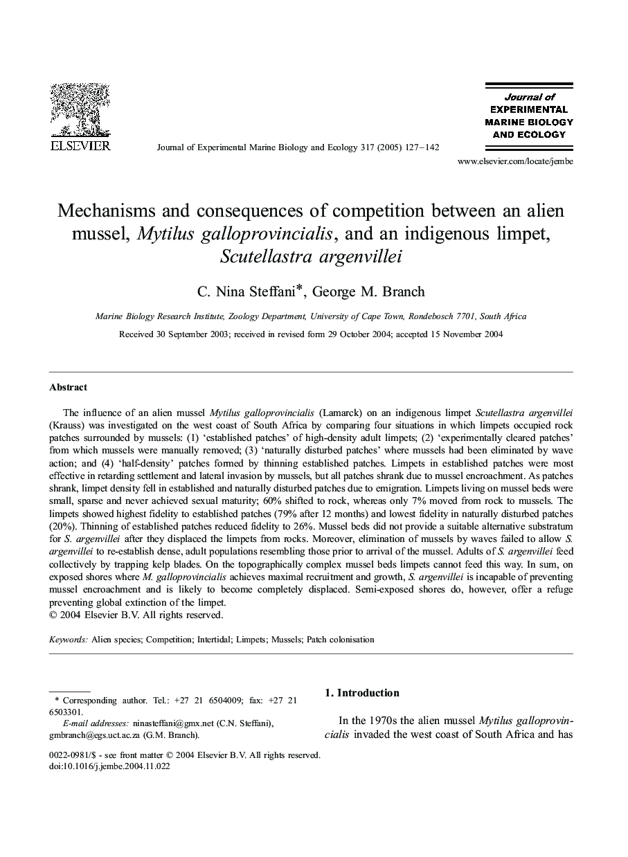 Mechanisms and consequences of competition between an alien mussel, Mytilus galloprovincialis, and an indigenous limpet, Scutellastra argenvillei