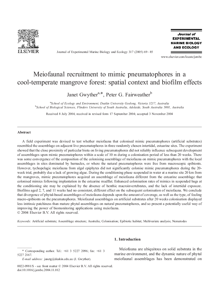 Meiofaunal recruitment to mimic pneumatophores in a cool-temperate mangrove forest: spatial context and biofilm effects