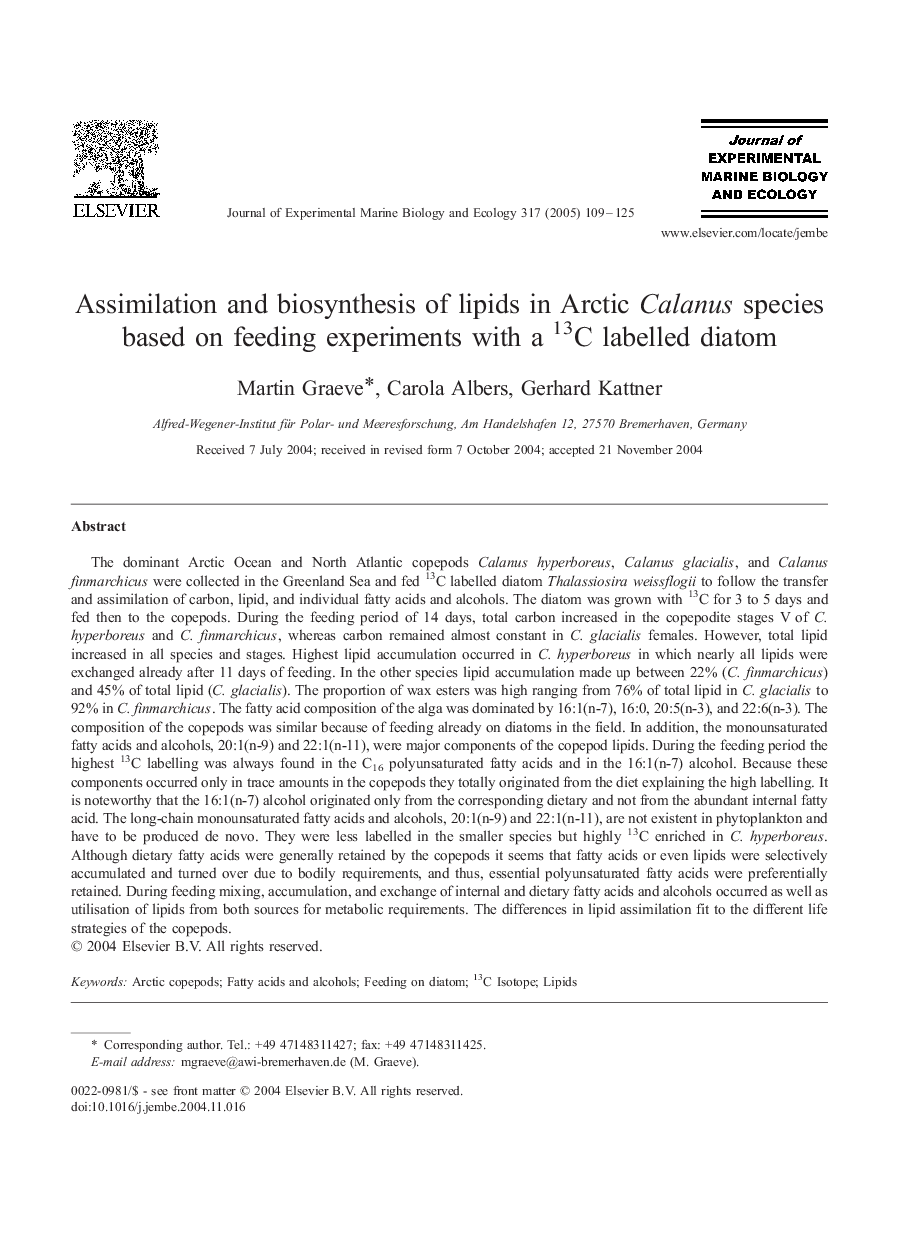 Assimilation and biosynthesis of lipids in Arctic Calanus species based on feeding experiments with a 13C labelled diatom