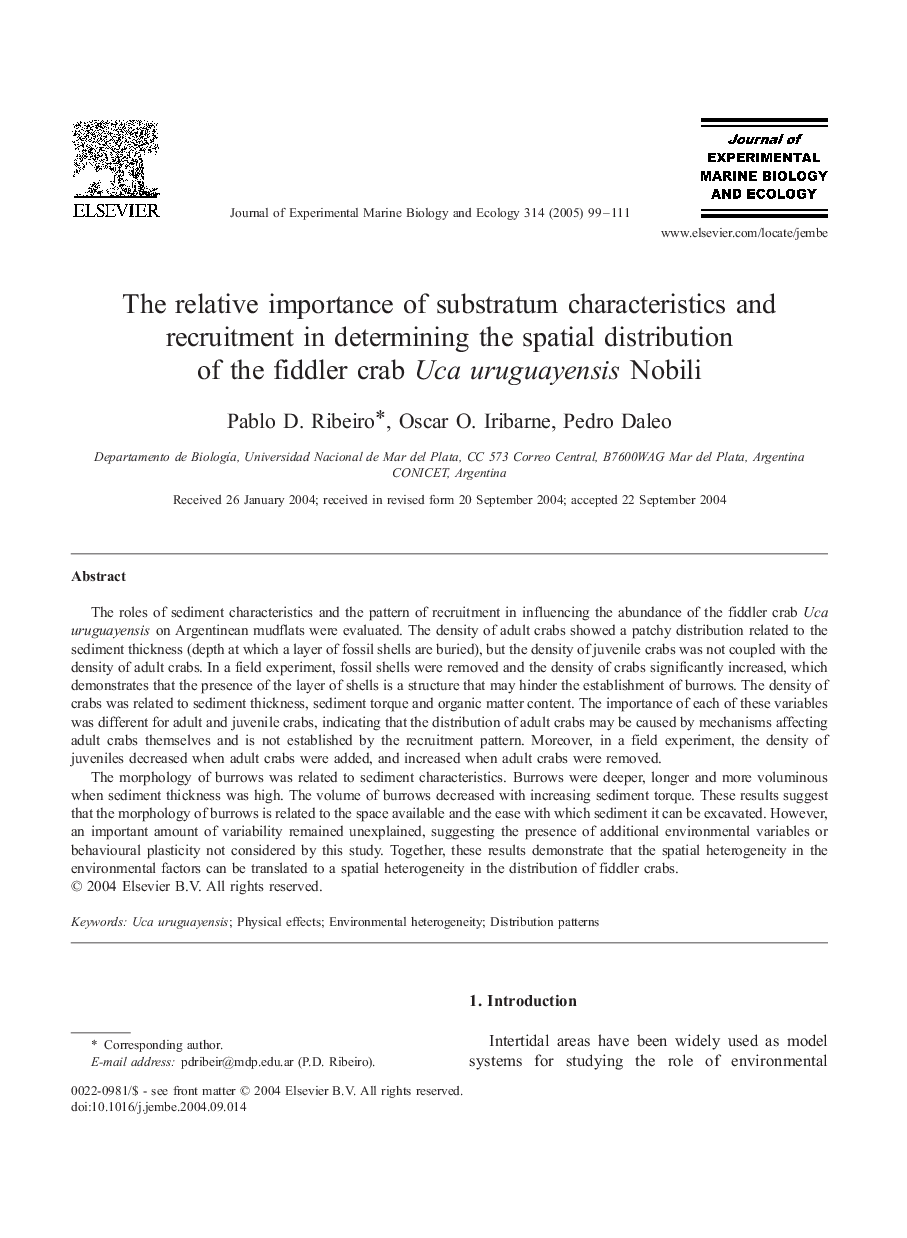 The relative importance of substratum characteristics and recruitment in determining the spatial distribution of the fiddler crab Uca uruguayensis Nobili