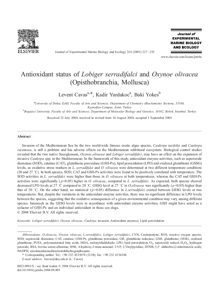 Antioxidant status of Lobiger serradifalci and Oxynoe olivacea (Opisthobranchia, Mollusca)