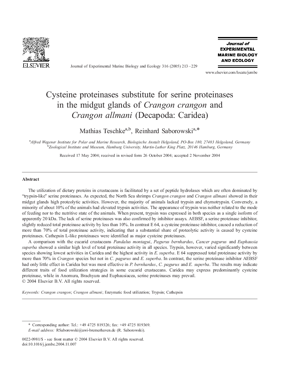 Cysteine proteinases substitute for serine proteinases in the midgut glands of Crangon crangon and Crangon allmani (Decapoda: Caridea)