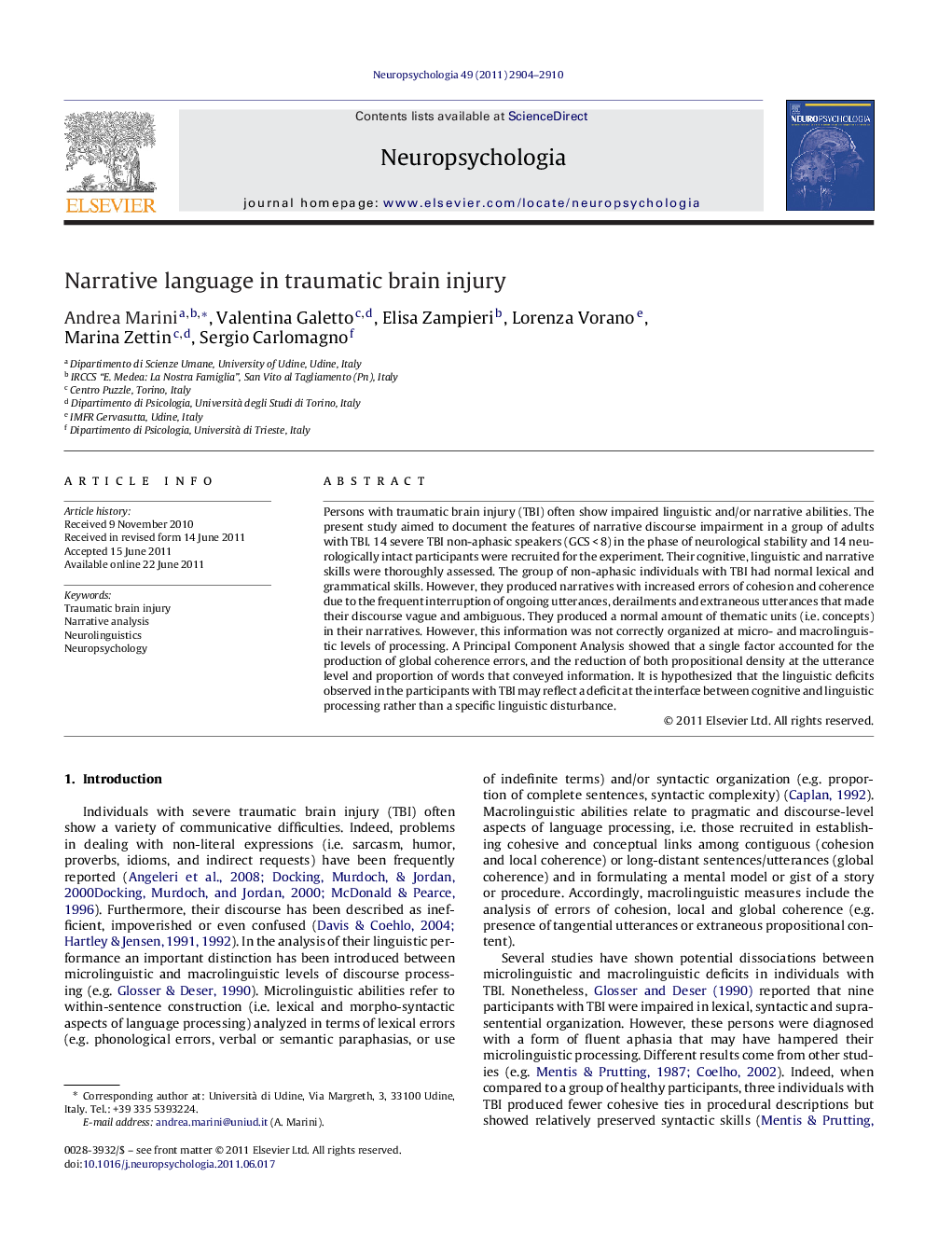 Narrative language in traumatic brain injury