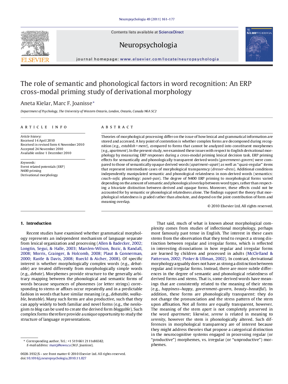 The role of semantic and phonological factors in word recognition: An ERP cross-modal priming study of derivational morphology