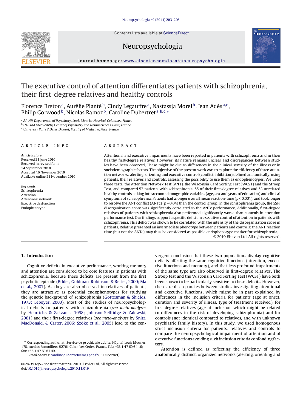 The executive control of attention differentiates patients with schizophrenia, their first-degree relatives and healthy controls