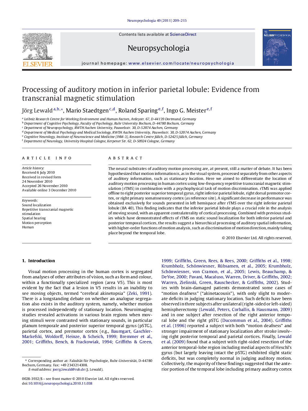 Processing of auditory motion in inferior parietal lobule: Evidence from transcranial magnetic stimulation