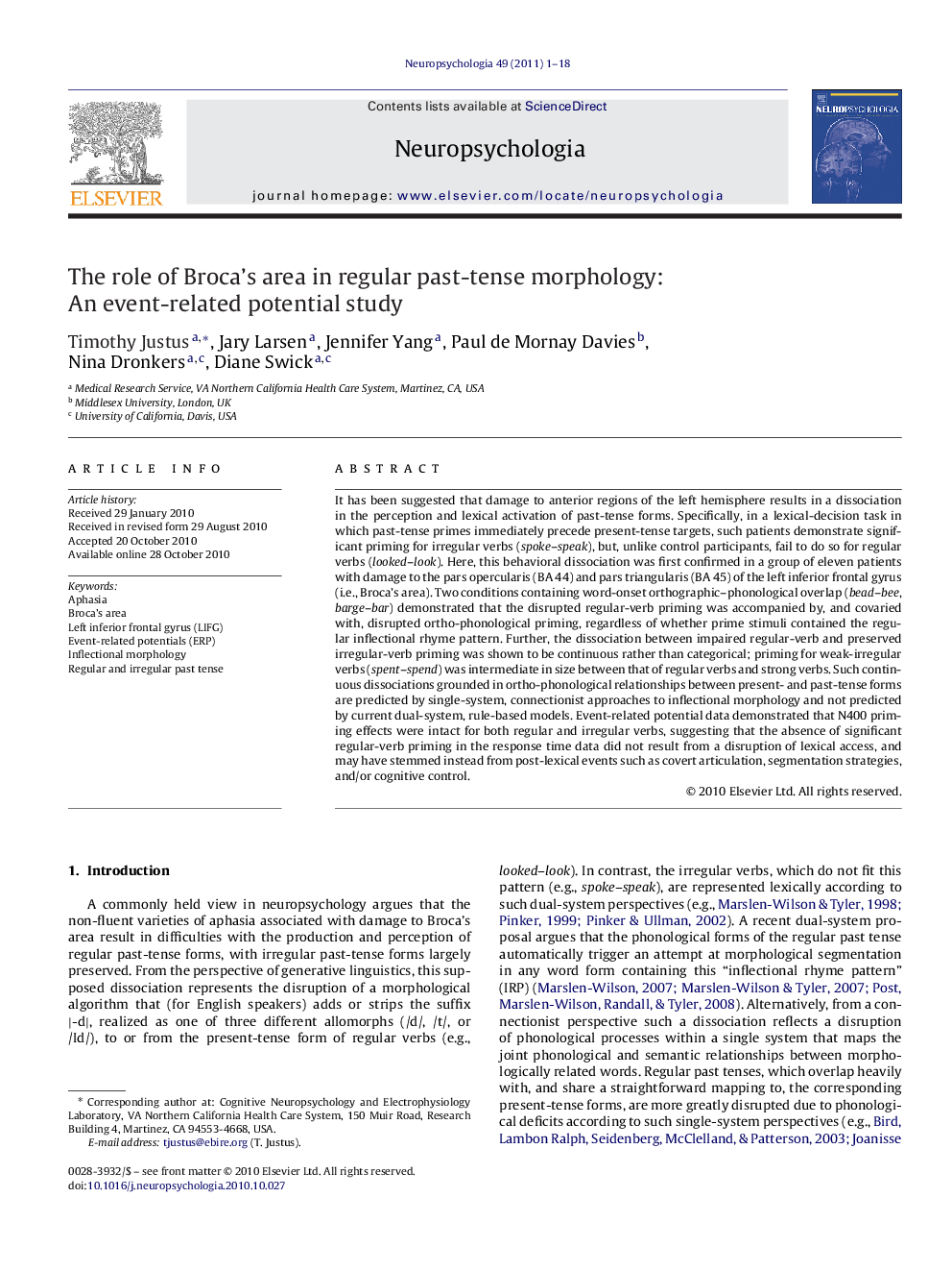 The role of Broca's area in regular past-tense morphology: An event-related potential study