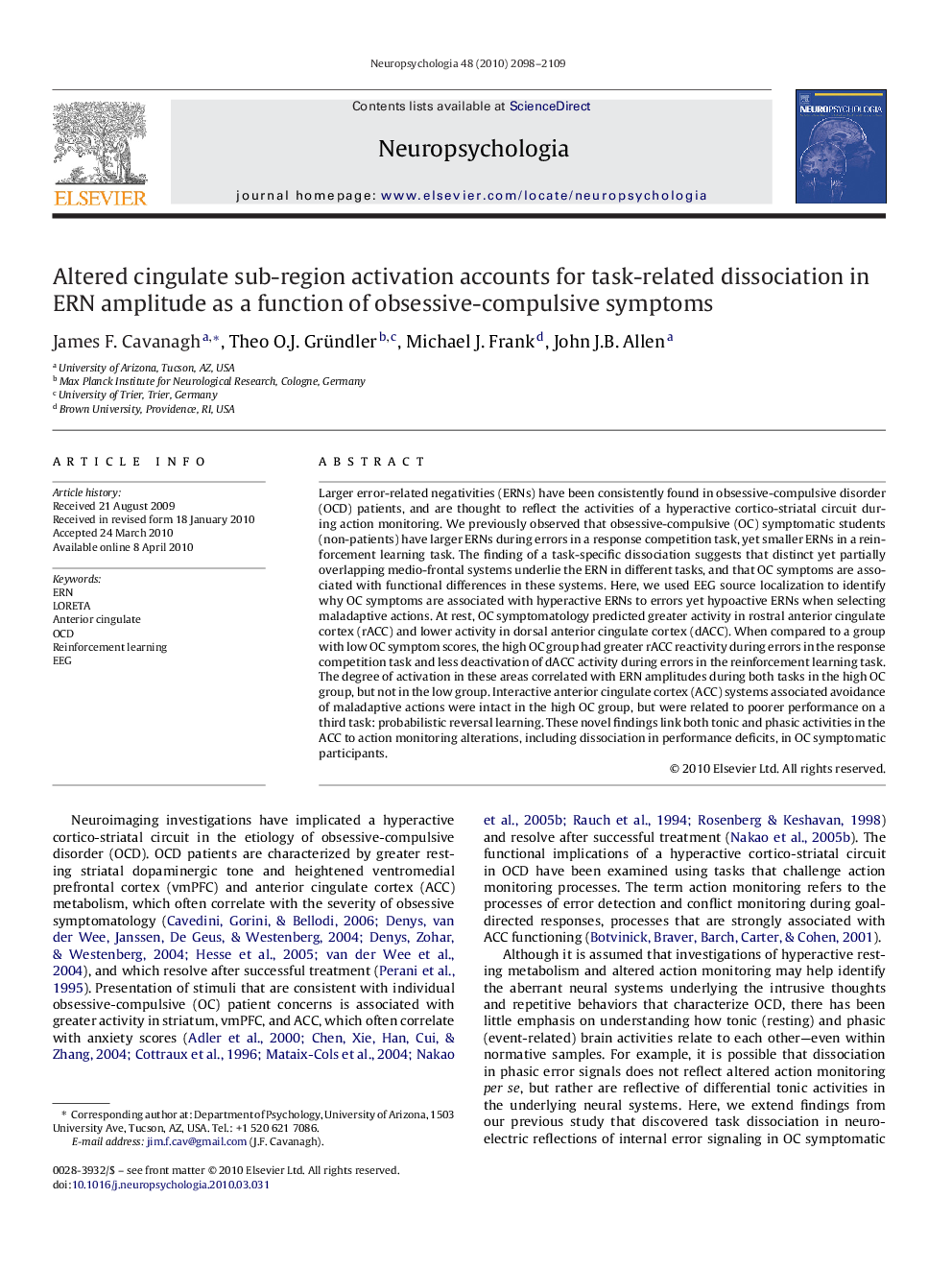 Altered cingulate sub-region activation accounts for task-related dissociation in ERN amplitude as a function of obsessive-compulsive symptoms