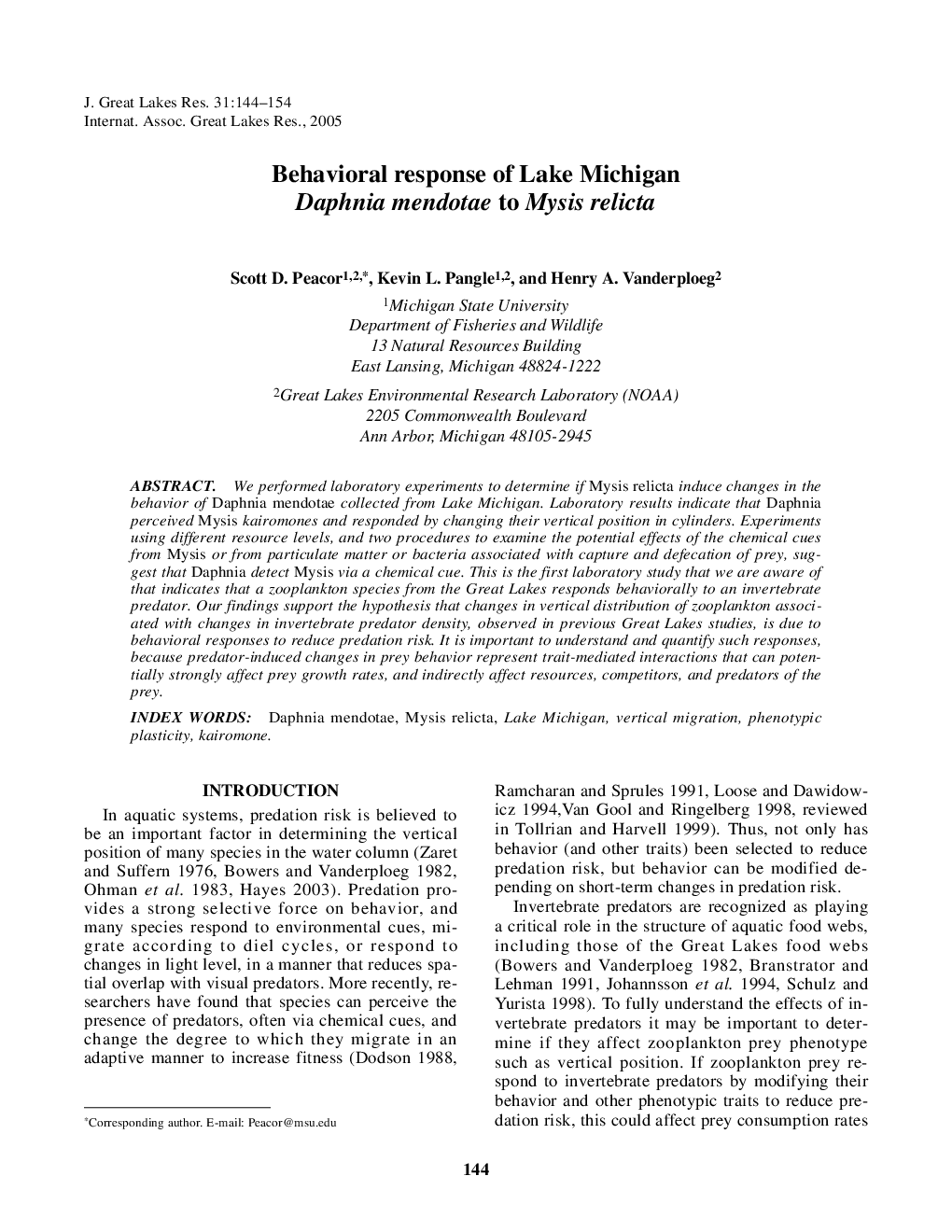 Behavioral response of Lake Michigan Daphnia mendotae to Mysis relicta