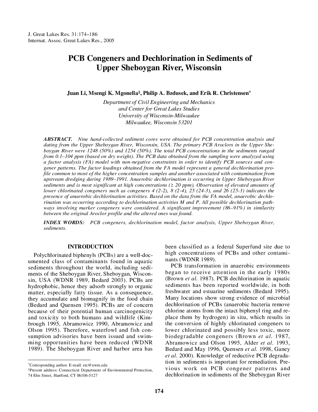 PCB Congeners and Dechlorination in Sediments of Upper Sheboygan River, Wisconsin