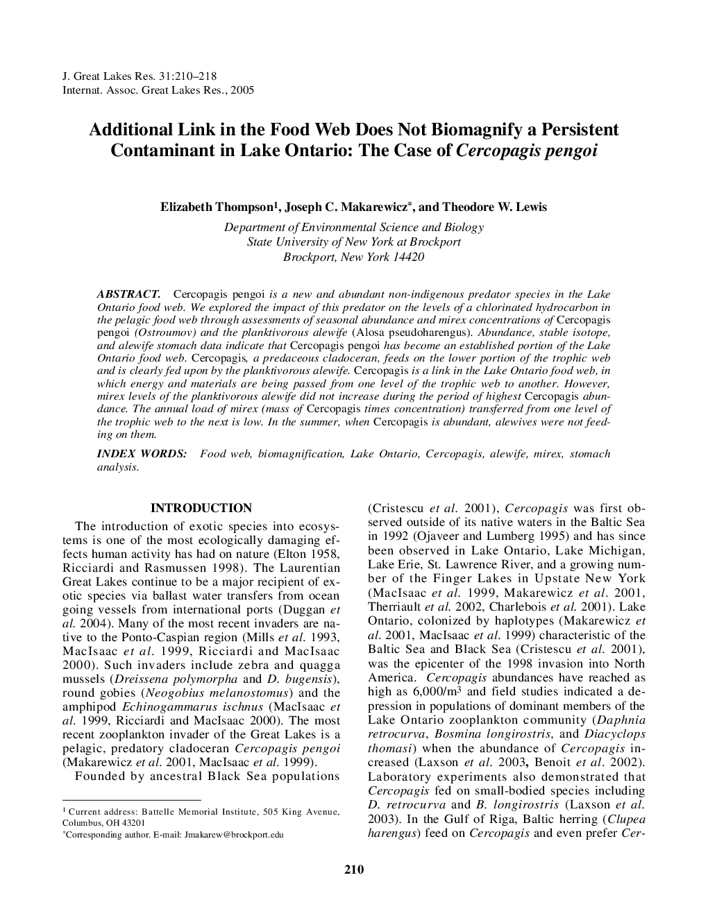 Additional Link in the Food Web Does Not Biomagnify a Persistent Contaminant in Lake Ontario: The Case of Cercopagis pengoi