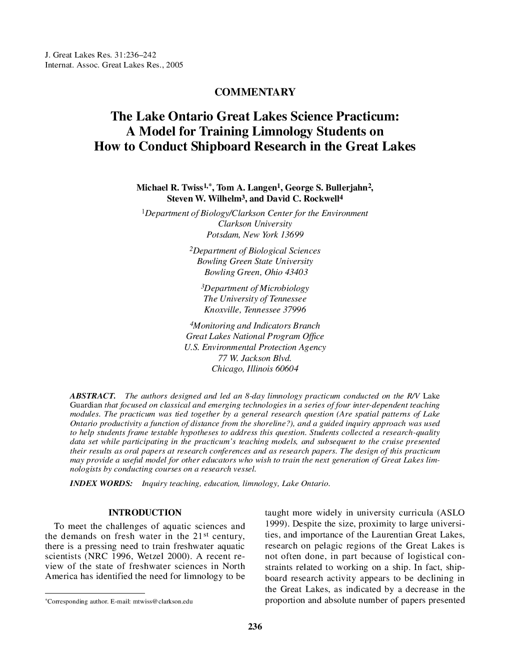 The Lake Ontario Great Lakes Science Practicum: A Model for Training Limnology Students on How to Conduct Shipboard Research in the Great Lakes