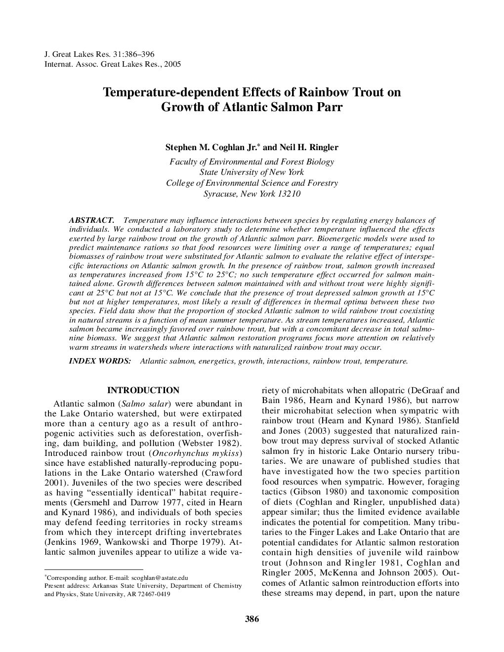 Temperature-dependent Effects of Rainbow Trout on Growth of Atlantic Salmon Parr