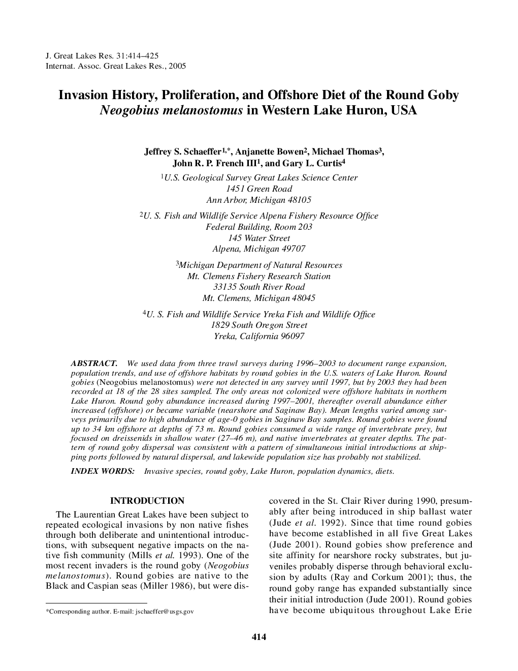 Invasion History, Proliferation, and Offshore Diet of the Round Goby Neogobius melanostomus in Western Lake Huron, USA