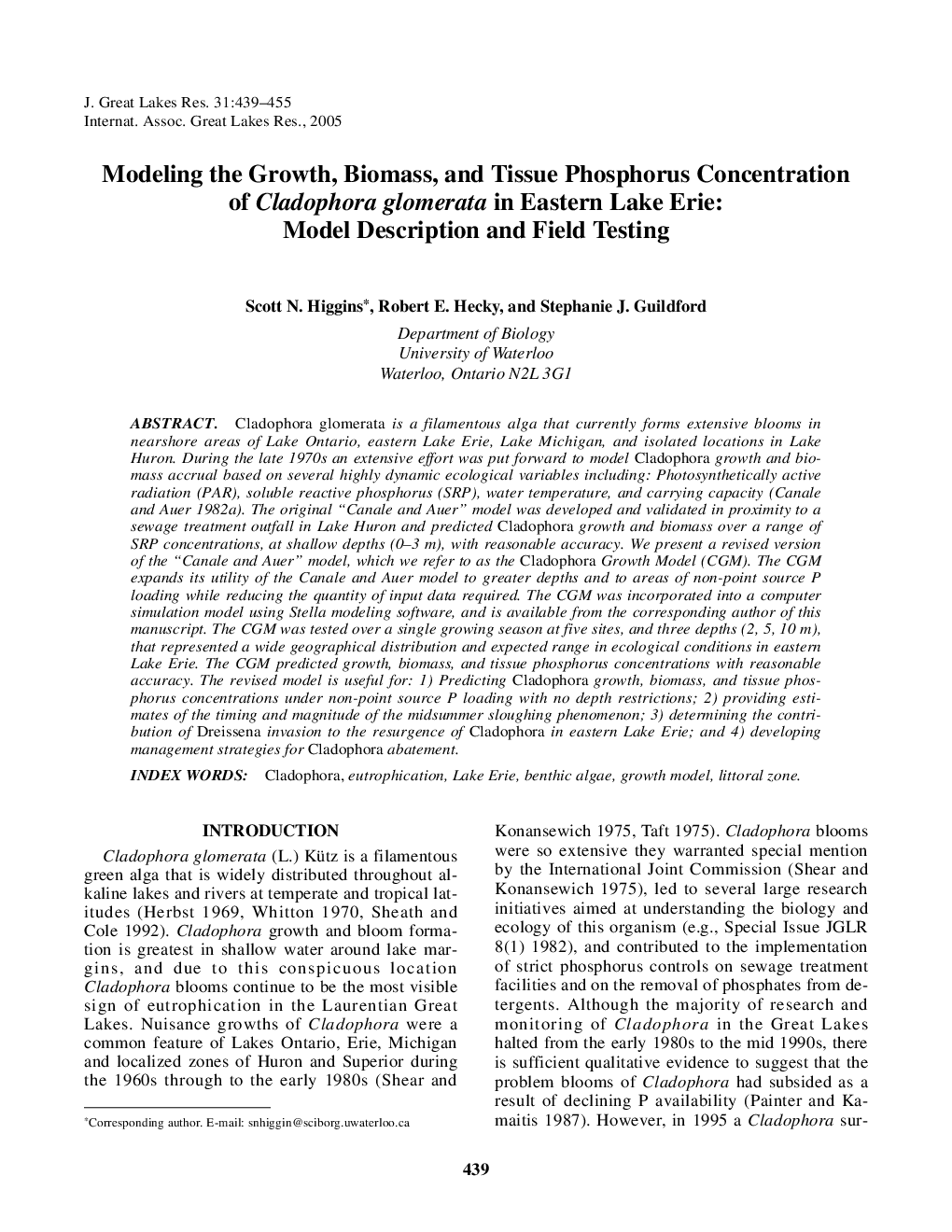 Modeling the Growth, Biomass, and Tissue Phosphorus Concentration of Cladophora glomerata in Eastern Lake Erie: Model Description and Field Testing