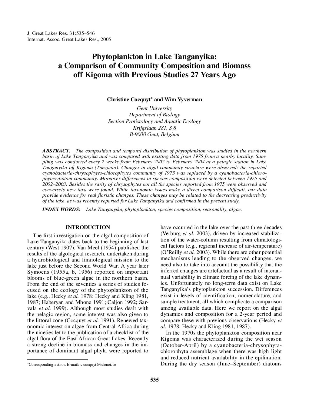 Phytoplankton in Lake Tanganyika: a Comparison of Community Composition and Biomass off Kigoma with Previous Studies 27 Years Ago