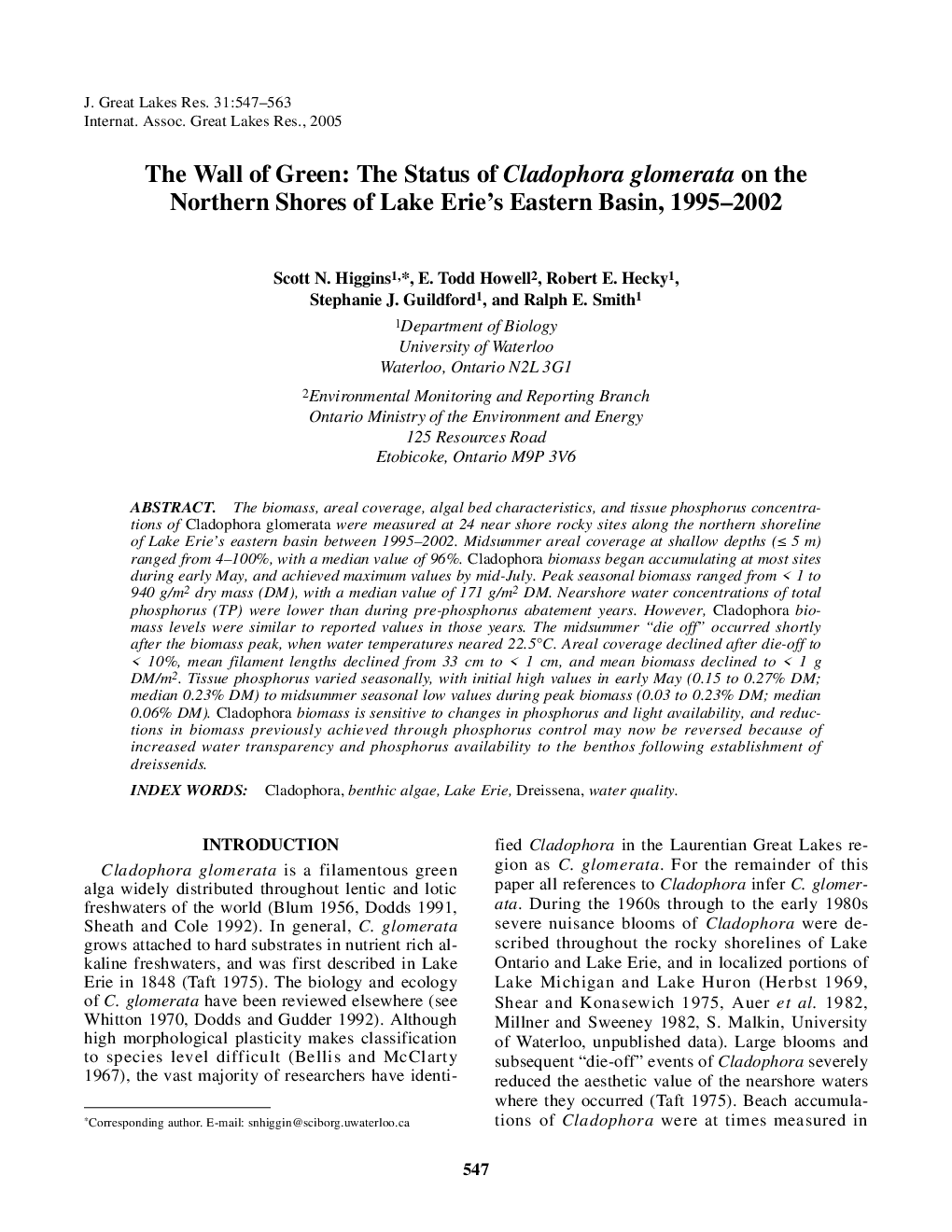 The Wall of Green: The Status of Cladophora glomerata on the Northern Shores of Lake Erie's Eastern Basin, 1995-2002