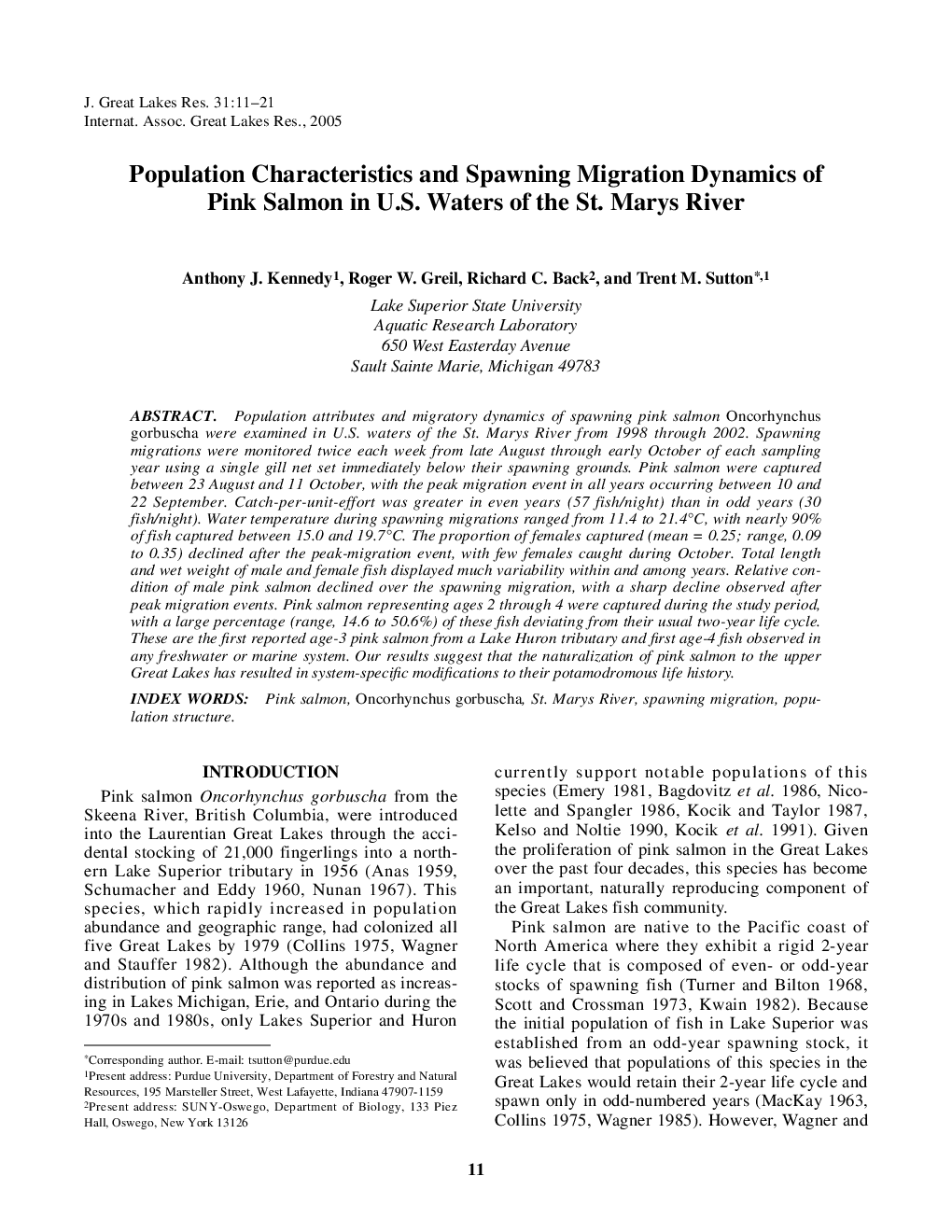 Population Characteristics and Spawning Migration Dynamics of Pink Salmon in U.S. Waters of the St. Marys River