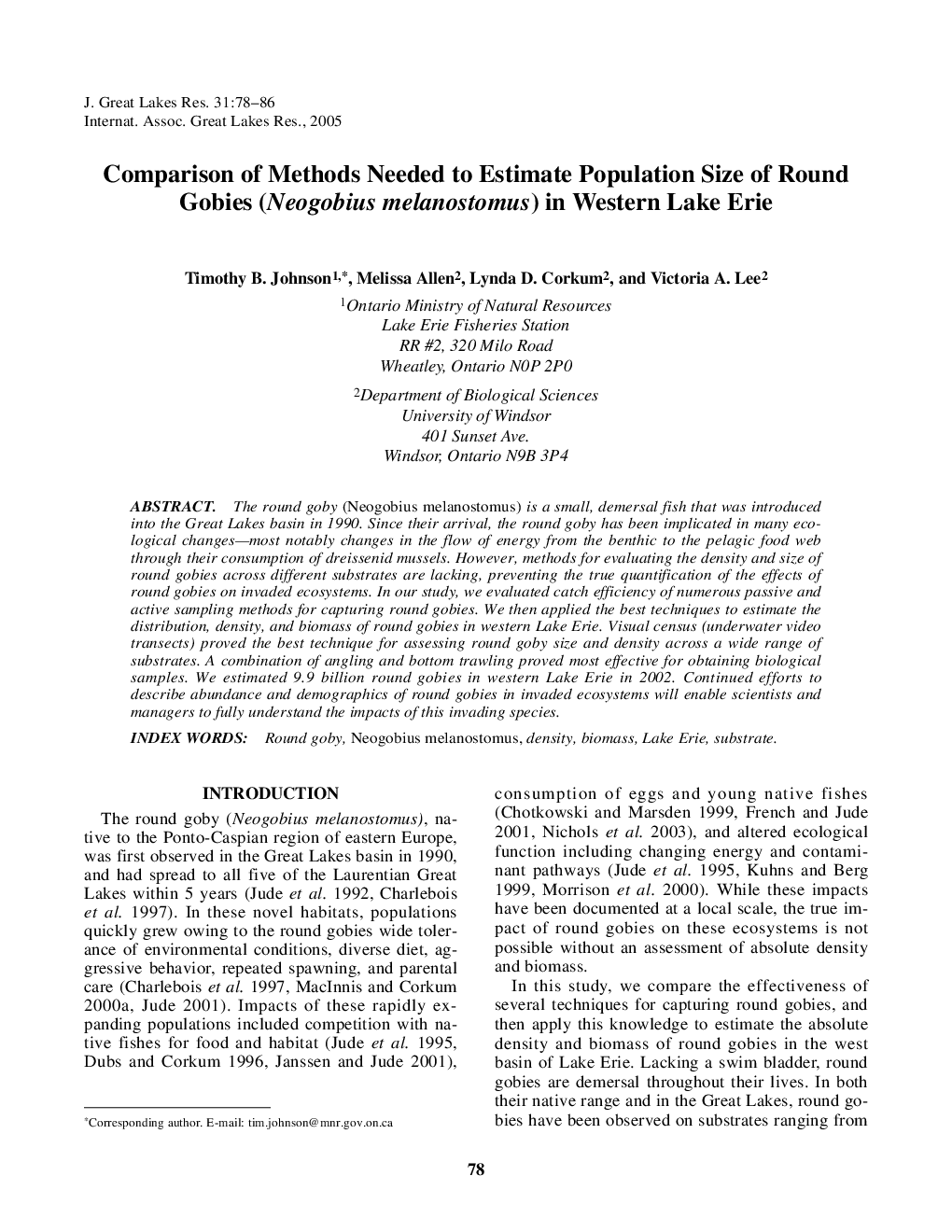 Comparison of Methods Needed to Estimate Population Size of Round Gobies (Neogobius melanostomus) in Western Lake Erie