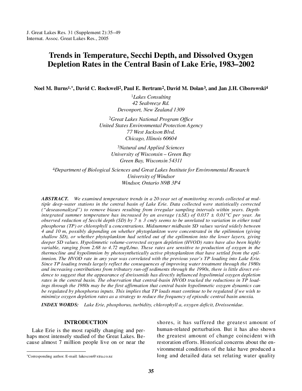 Trends in Temperature, Secchi Depth, and Dissolved Oxygen Depletion Rates in the Central Basin of Lake Erie, 1983-2002