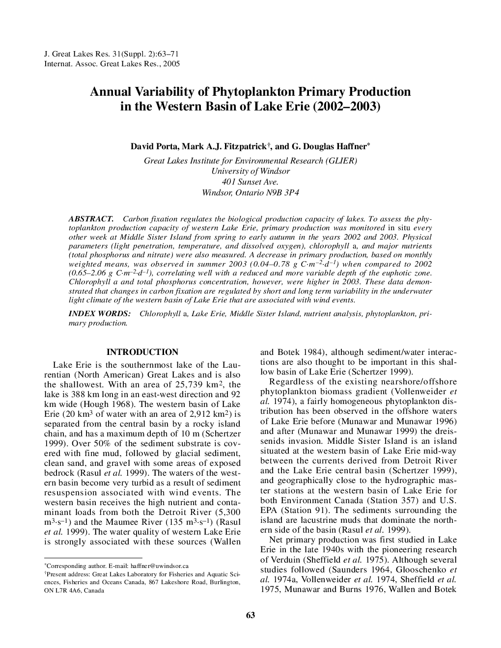 Annual Variability of Phytoplankton Primary Production in the Western Basin of Lake Erie (2002-2003)