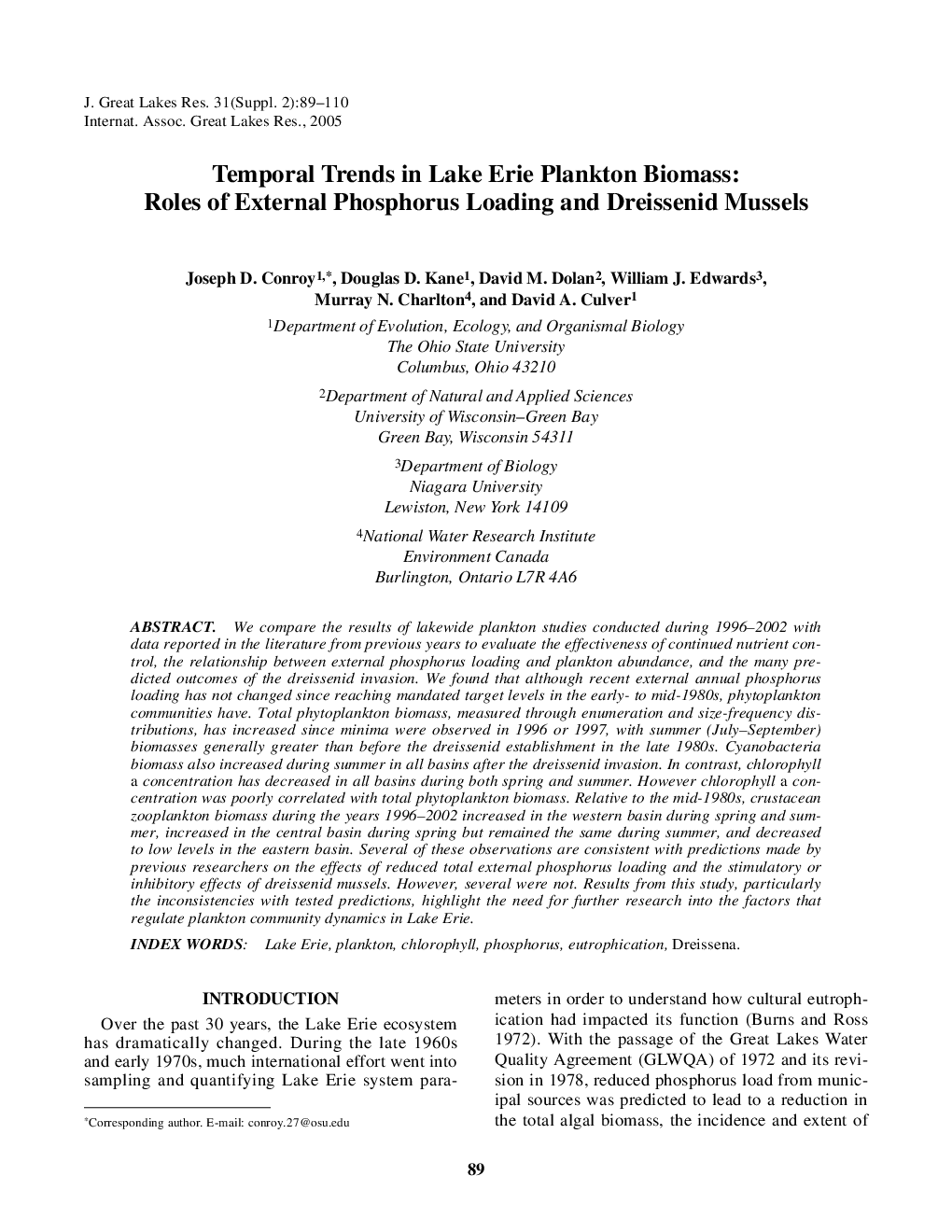 Temporal Trends in Lake Erie Plankton Biomass: Roles of External Phosphorus Loading and Dreissenid Mussels